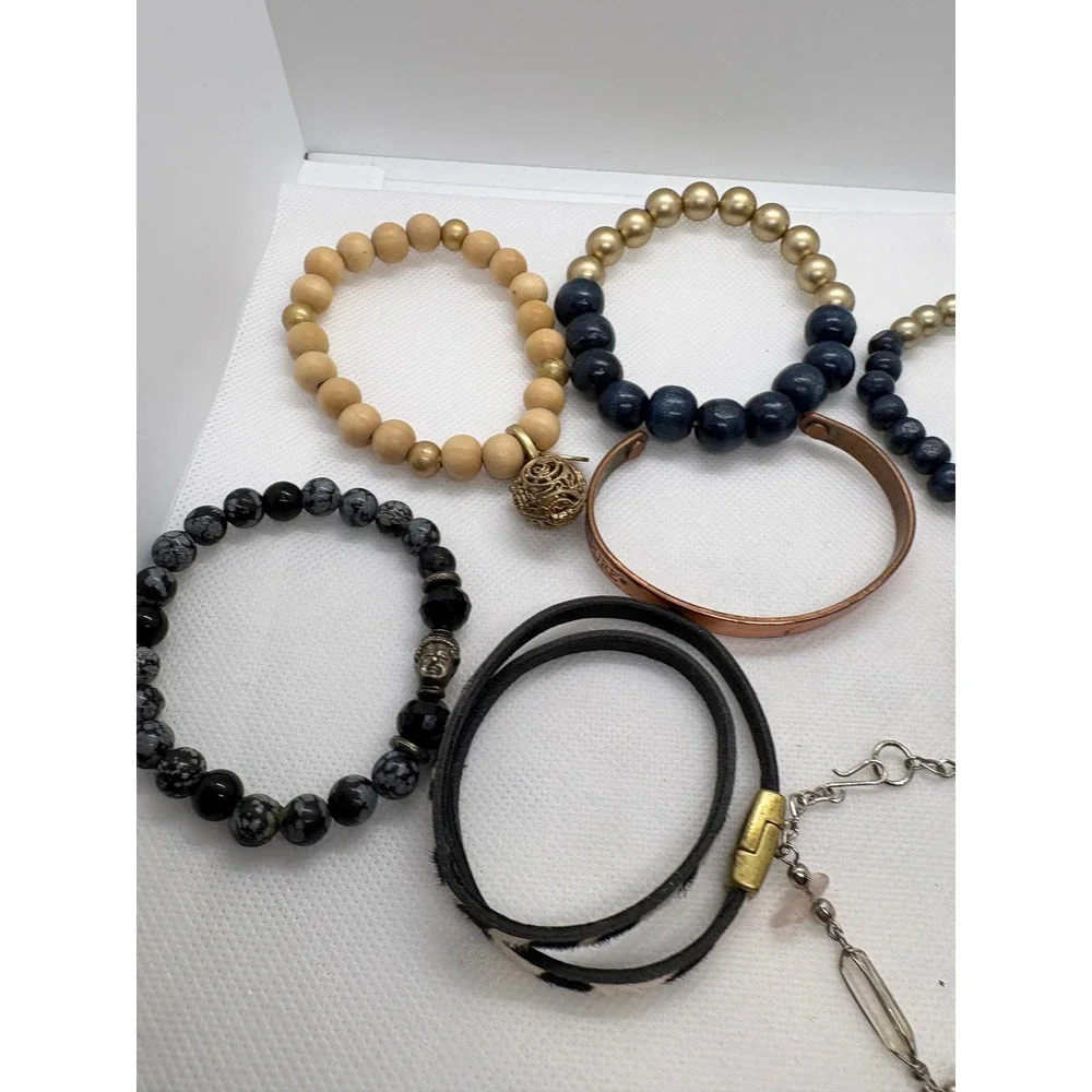 8pc Bracelet Lot Copper Pure Cuff Animal Print Leather Beaded Buddha Boho Set